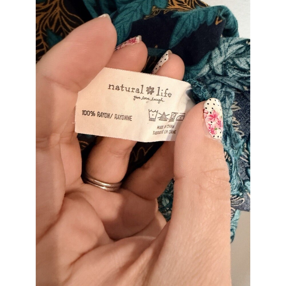 Natural Life Stella Deep V Neck Mini Dress Medium Turquoise Fern Vines Pockets - Picture 8 of 9